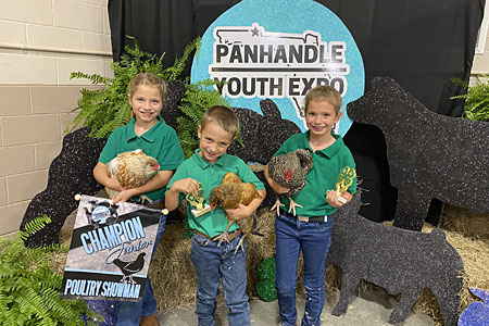 Children holding bantam chickens at a youth expo